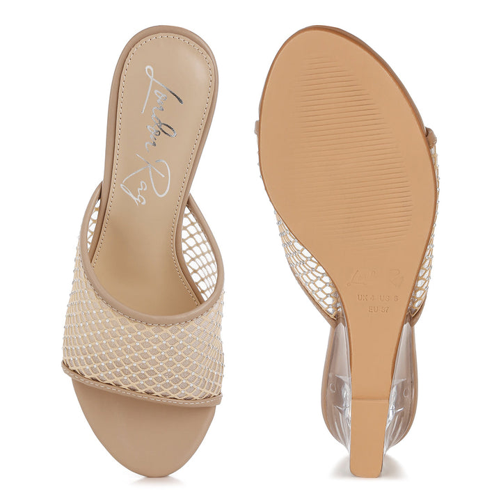 mesh clear heel wedge sandals#color_beige