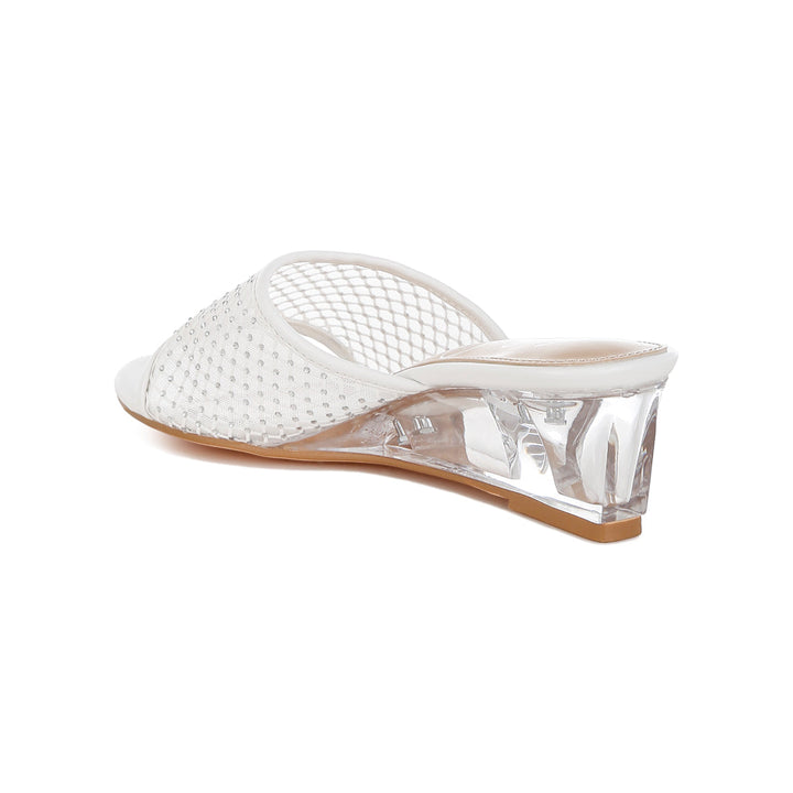 mesh clear heel wedge sandals#color_white