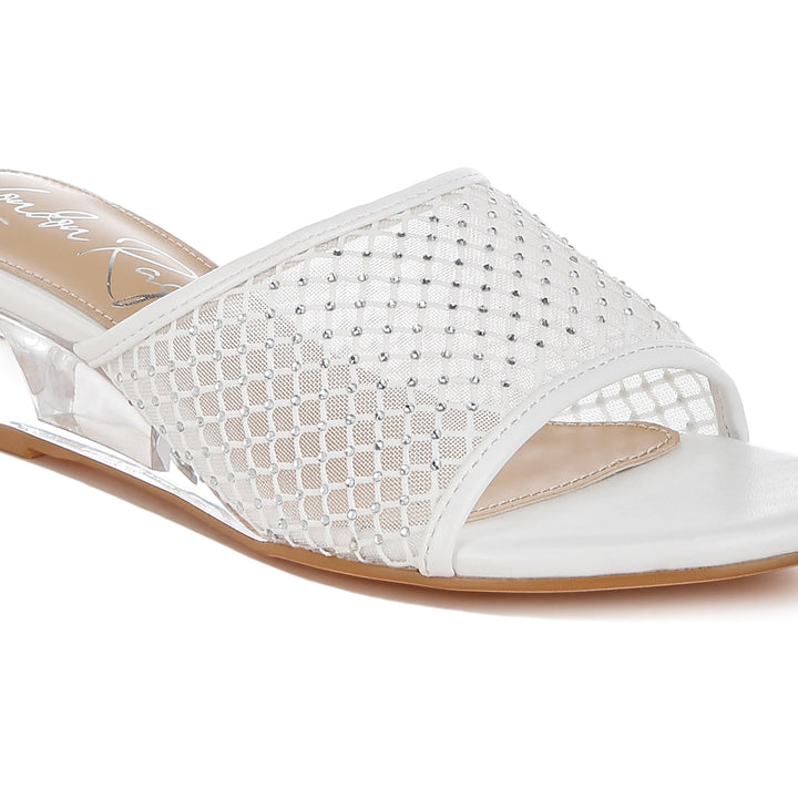 mesh clear heel wedge sandals#color_white