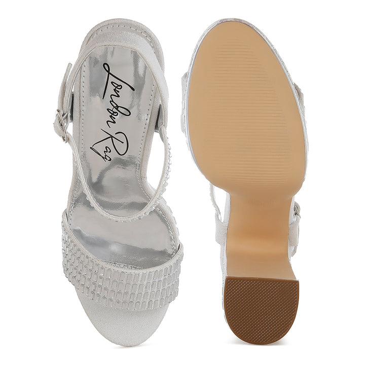 rhinestones embellished high block heels#color_silver