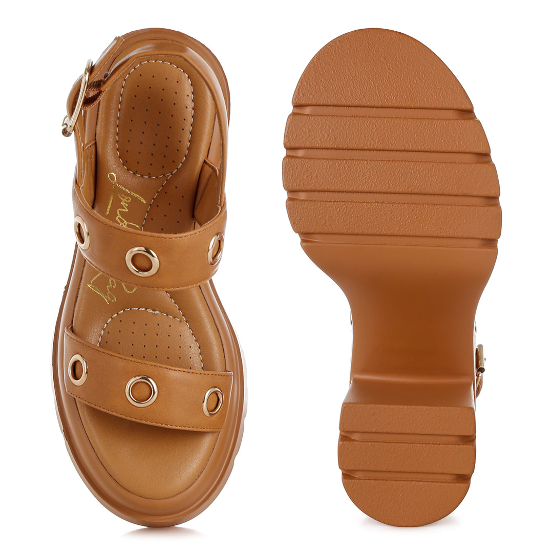 eyelet detail platform heel sandals#color_tan