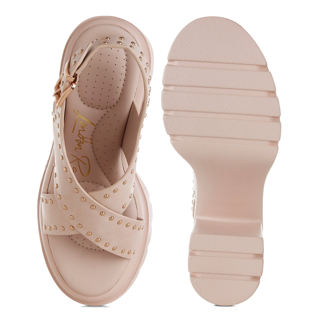 women stud embellished block heel sandals#color_beige
