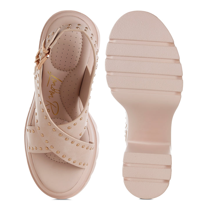 women stud embellished block heel sandals#color_beige
