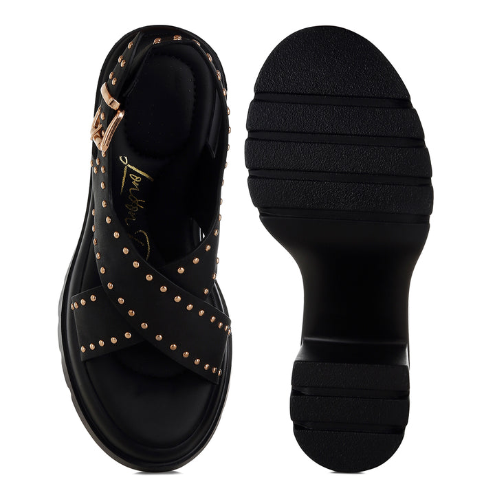 women stud embellished block heel sandals#color_black