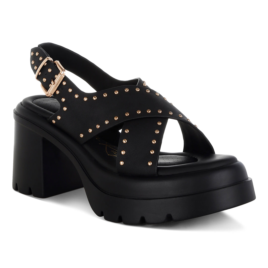 women stud embellished block heel sandals#color_black
