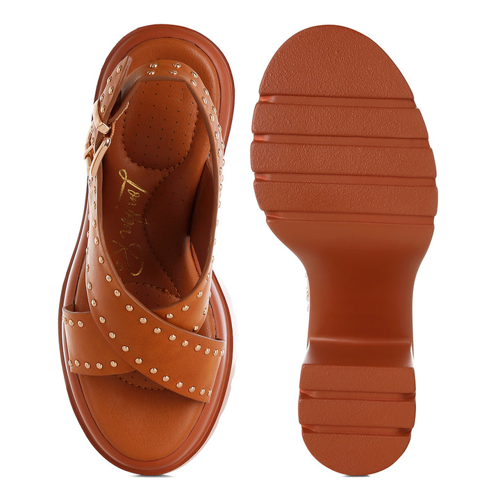 women stud embellished block heel sandals#color_tan