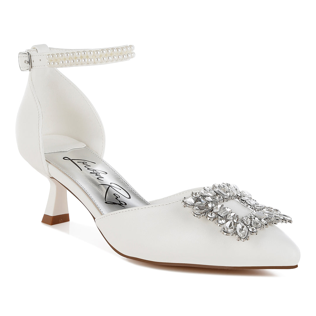 diamante brooch kitten heel sandals#color_white