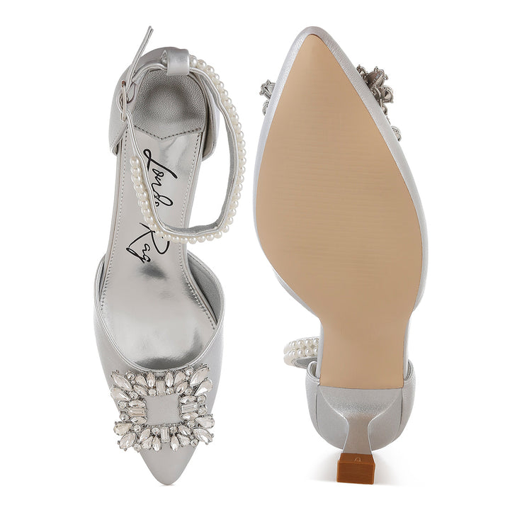 diamante brooch kitten heel sandals#color_silver