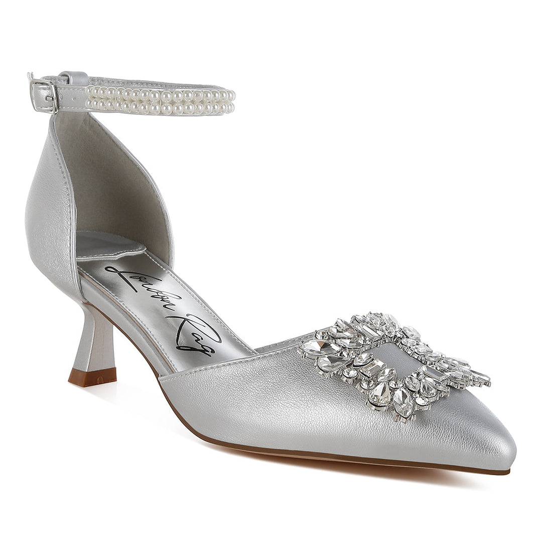 diamante brooch kitten heel sandals#color_silver