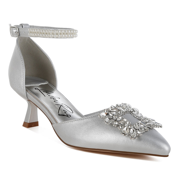diamante brooch kitten heel sandals#color_silver