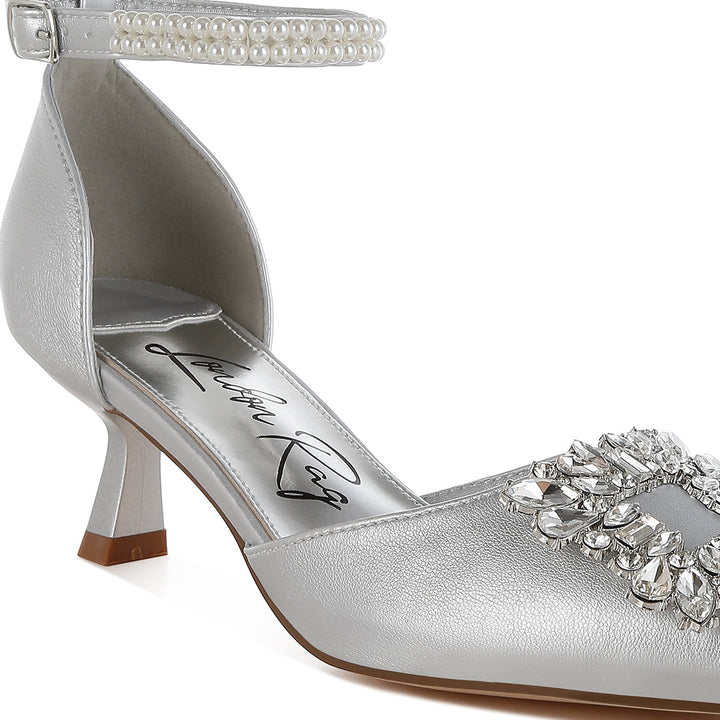 diamante brooch kitten heel sandals#color_silver