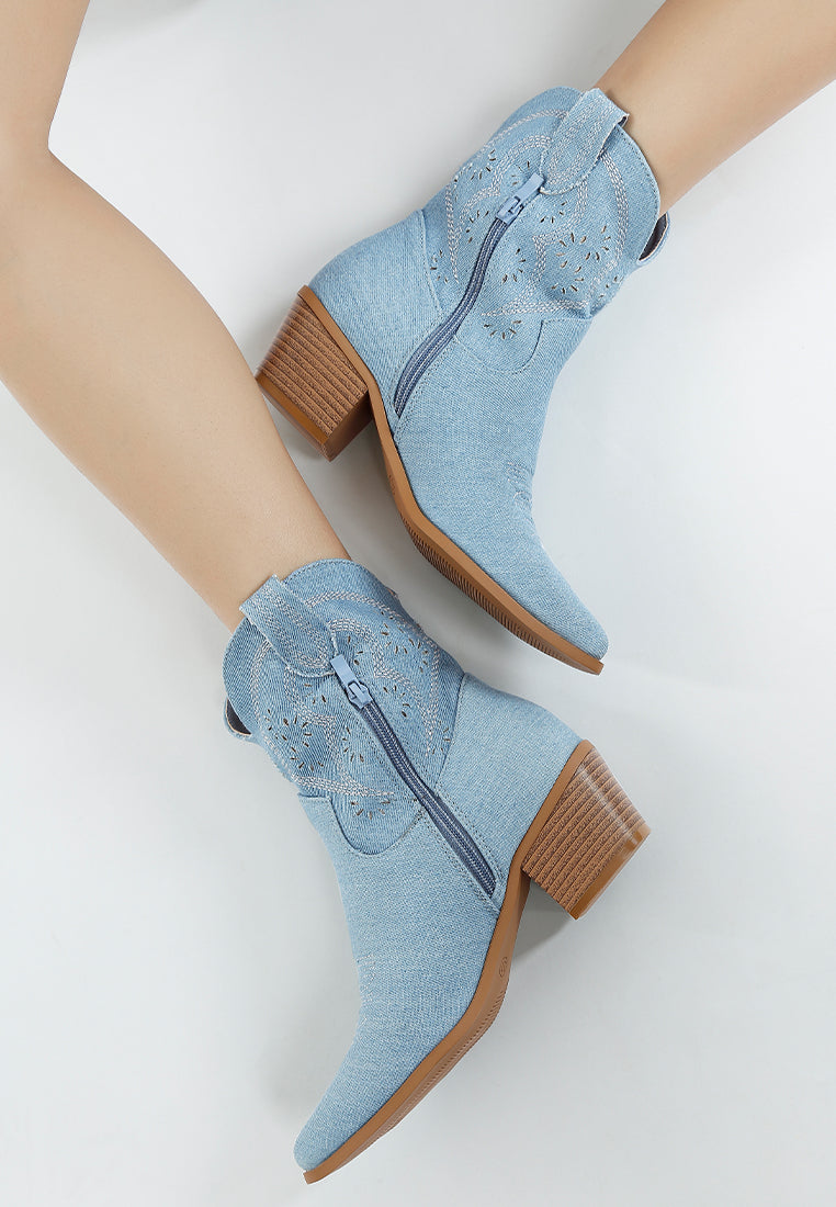 Women Cut Out Detail Denim Cowboy Boots