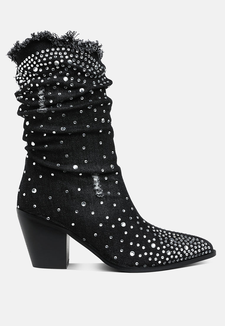 women diamante & rhinestones denim boots#color_black