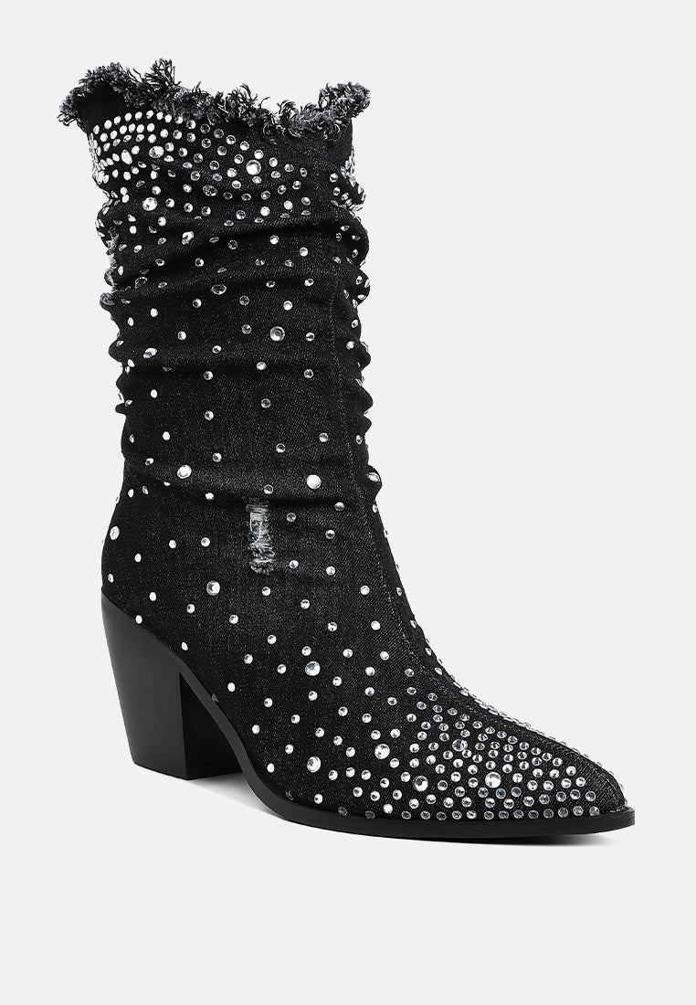 women diamante & rhinestones denim boots#color_black