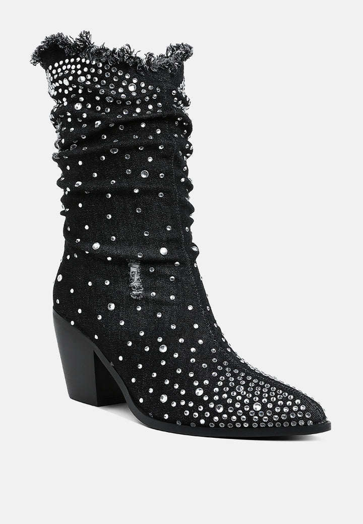 women diamante & rhinestones denim boots#color_black