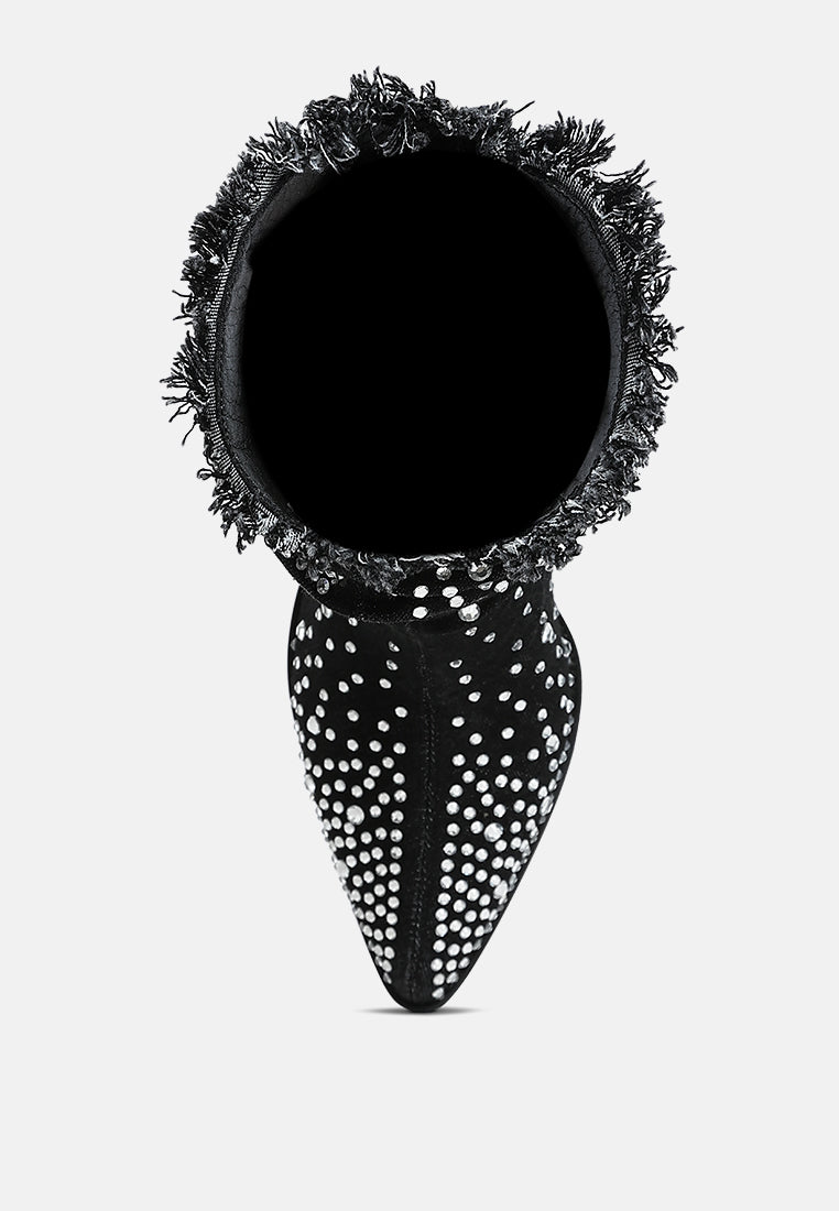 women diamante & rhinestones denim boots#color_black