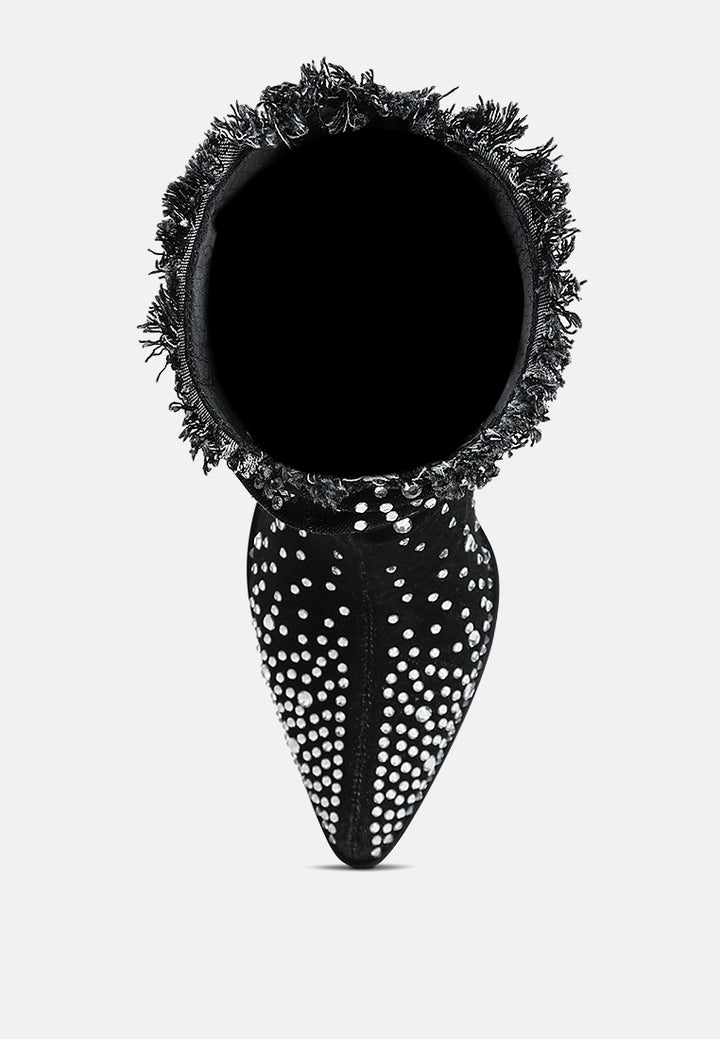 women diamante & rhinestones denim boots#color_black