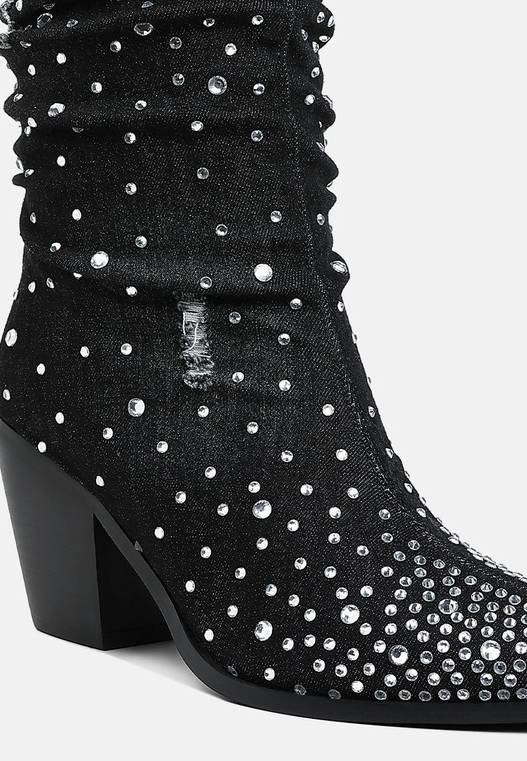 women diamante & rhinestones denim boots#color_black