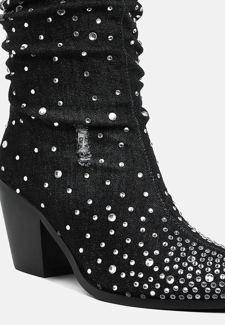 women diamante & rhinestones denim boots#color_black