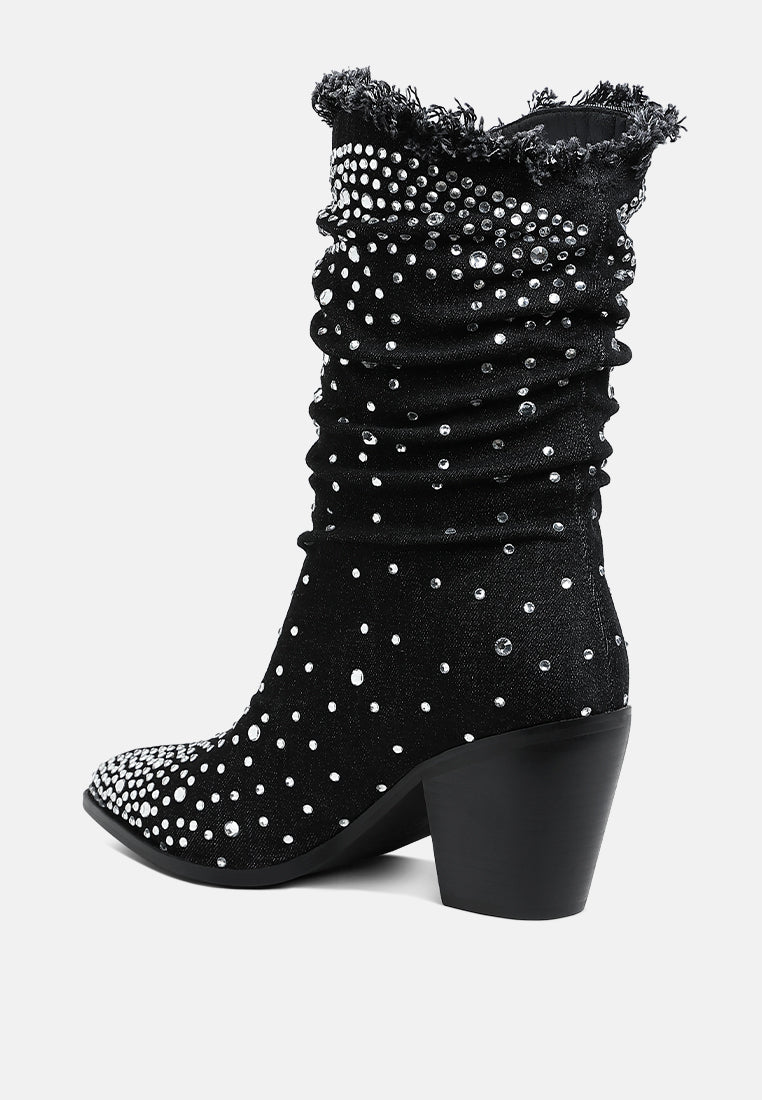 women diamante & rhinestones denim boots#color_black