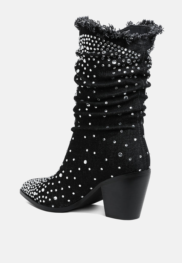 women diamante & rhinestones denim boots#color_black