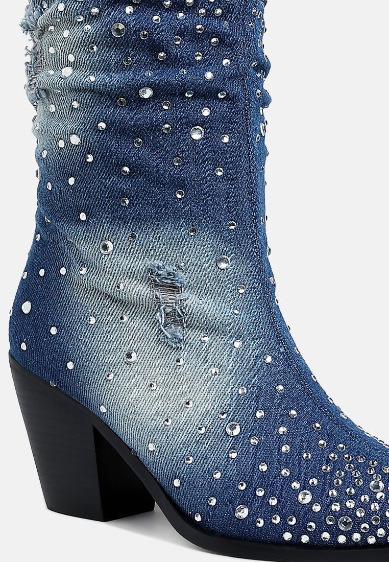 women diamante & rhinestones denim boots#color_dark-blue