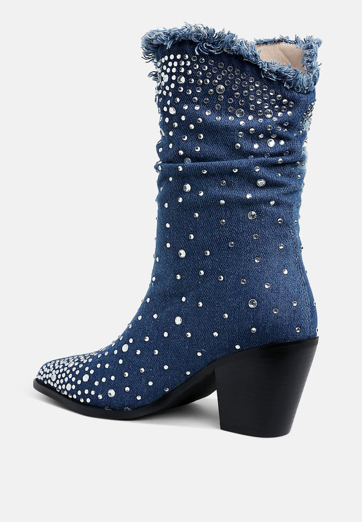 women diamante & rhinestones denim boots#color_dark-blue