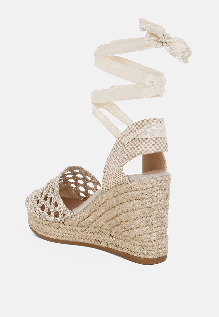 women woven lace-up espadrille wedges#color_beige