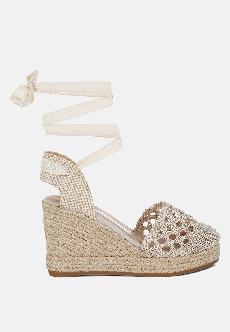 women woven lace-up espadrille wedges#color_beige