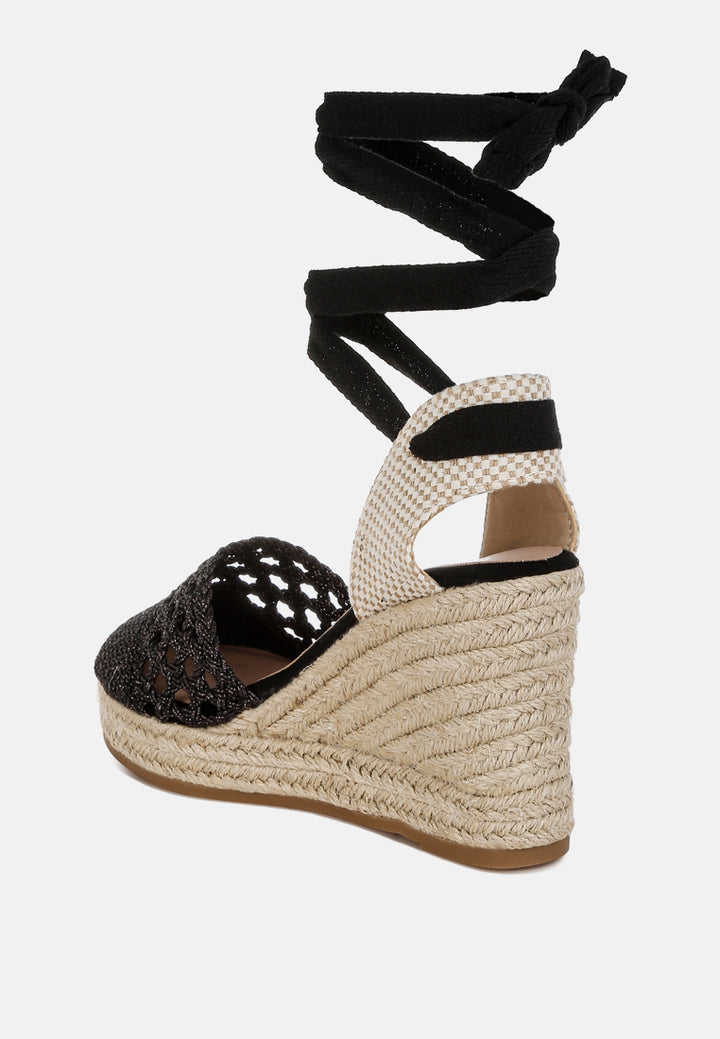 women woven lace-up espadrille wedges#color_black