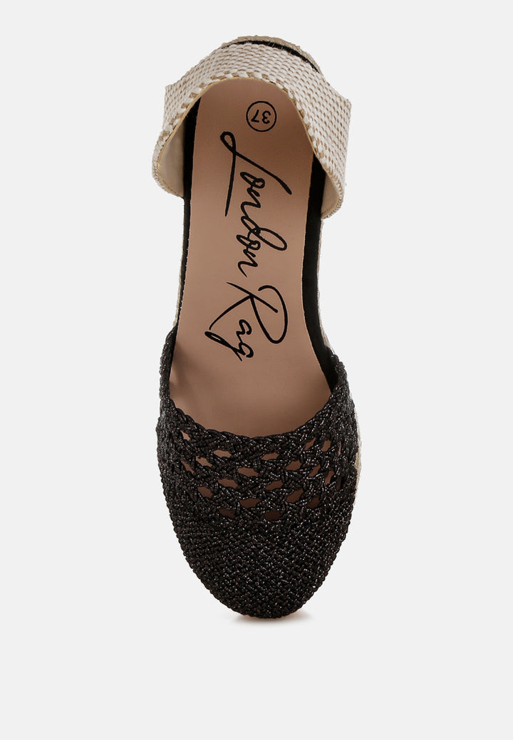 women woven lace-up espadrille wedges#color_black