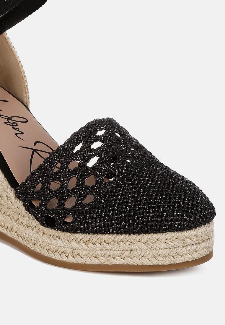 women woven lace-up espadrille wedges#color_black