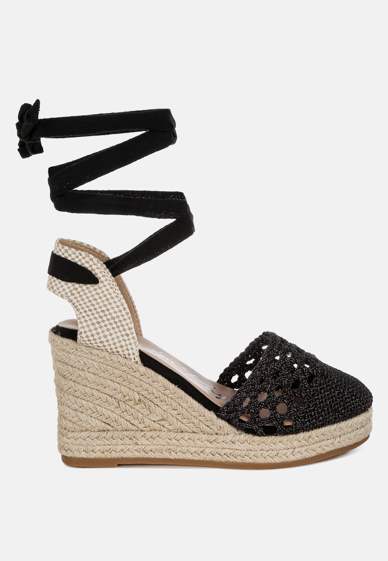 women woven lace-up espadrille wedges#color_black