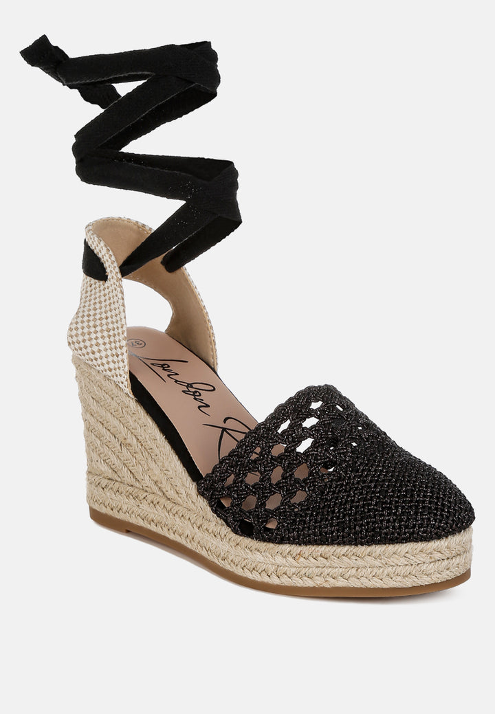 women woven lace-up espadrille wedges#color_black