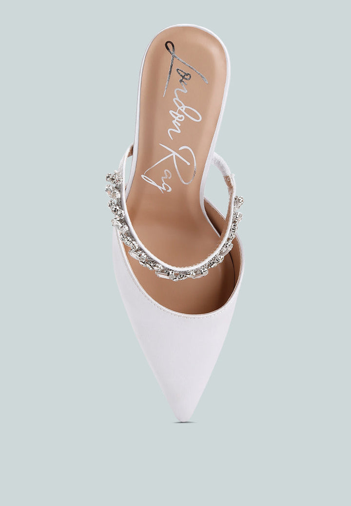 women diamante stiletto mules sandals#color_white