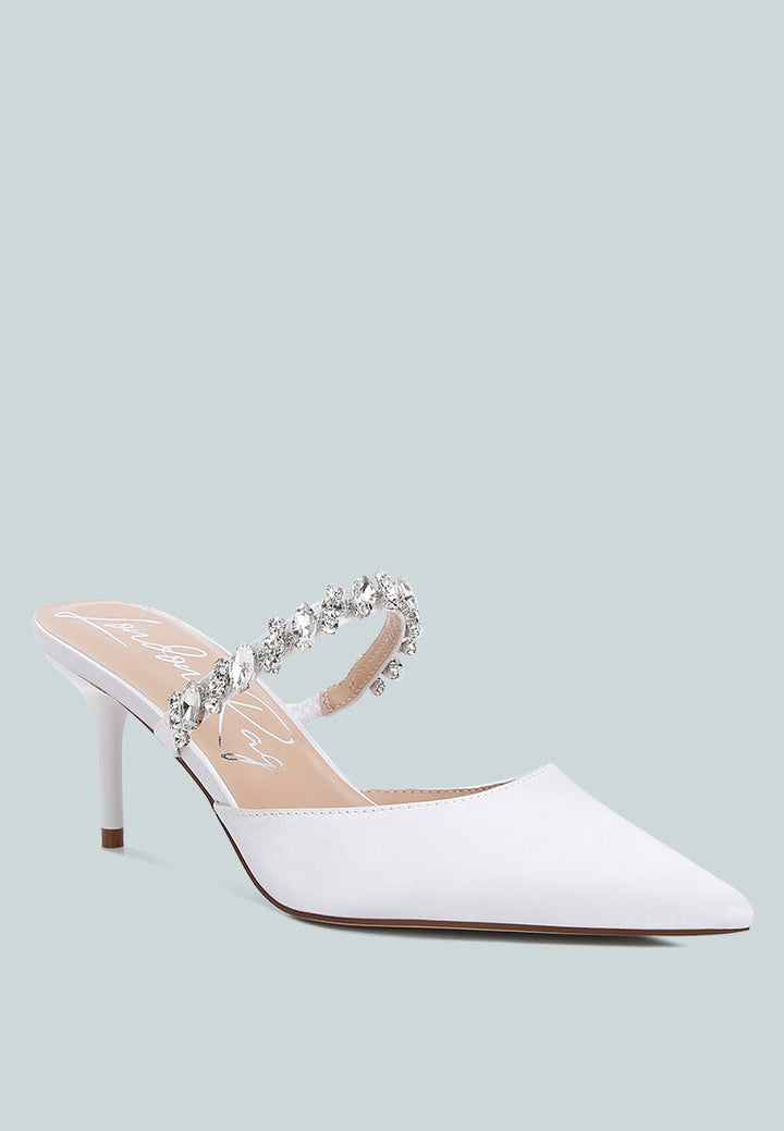 women diamante stiletto mules sandals#color_white