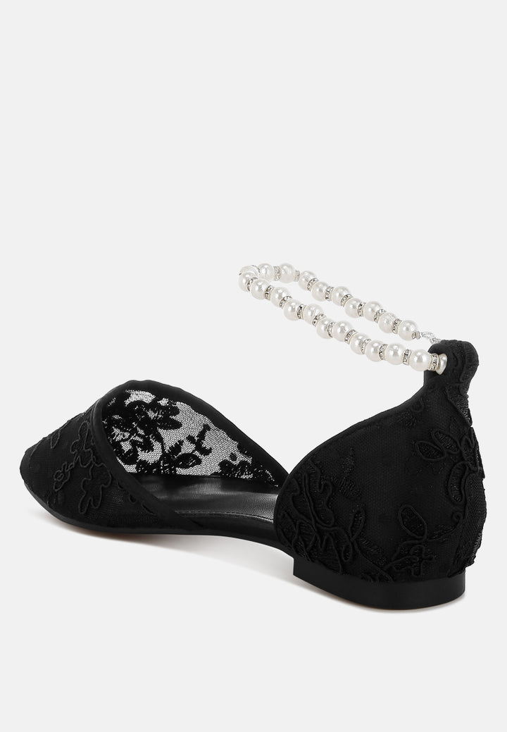 women pearl & rhinestone strap flat sandals#color_black