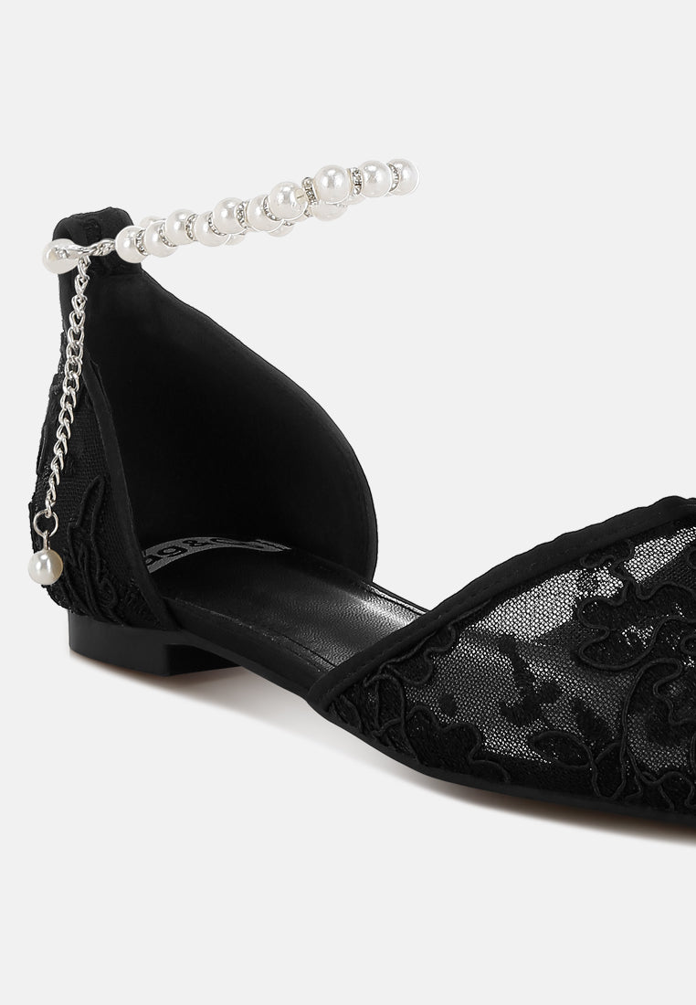 women pearl & rhinestone strap flat sandals#color_black