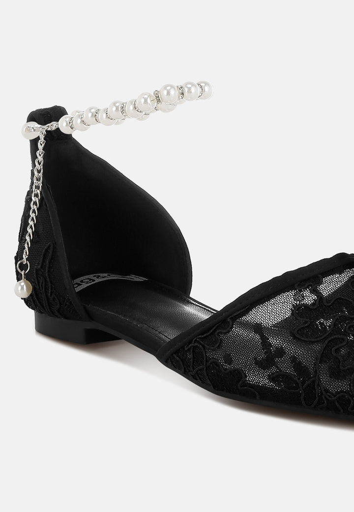 women pearl & rhinestone strap flat sandals#color_black