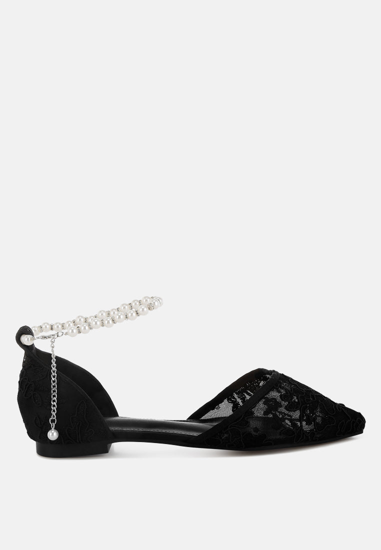 women pearl & rhinestone strap flat sandals#color_black