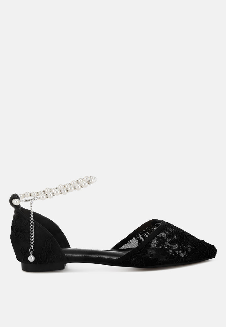 women pearl & rhinestone strap flat sandals#color_black