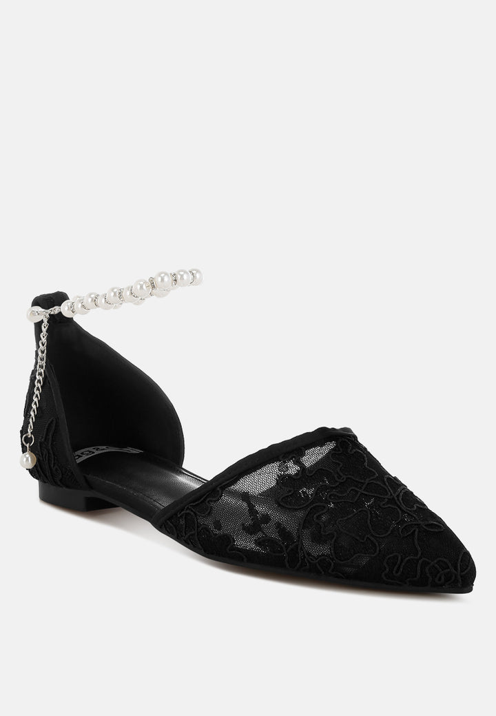 women pearl & rhinestone strap flat sandals#color_black