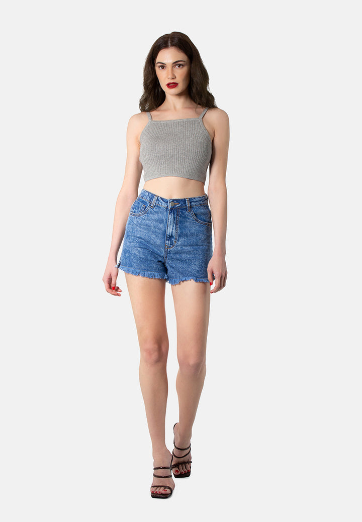 women side slit raw hem denim shorts#color_acid blue
