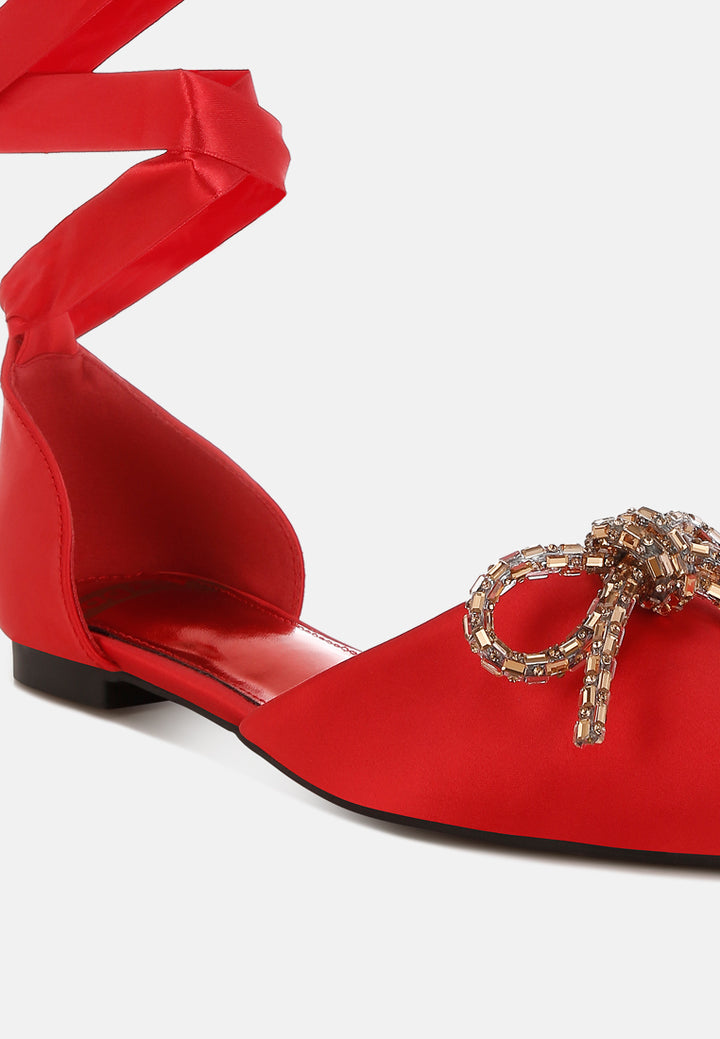 women rhinestone detail bow flat sandals#color_red
