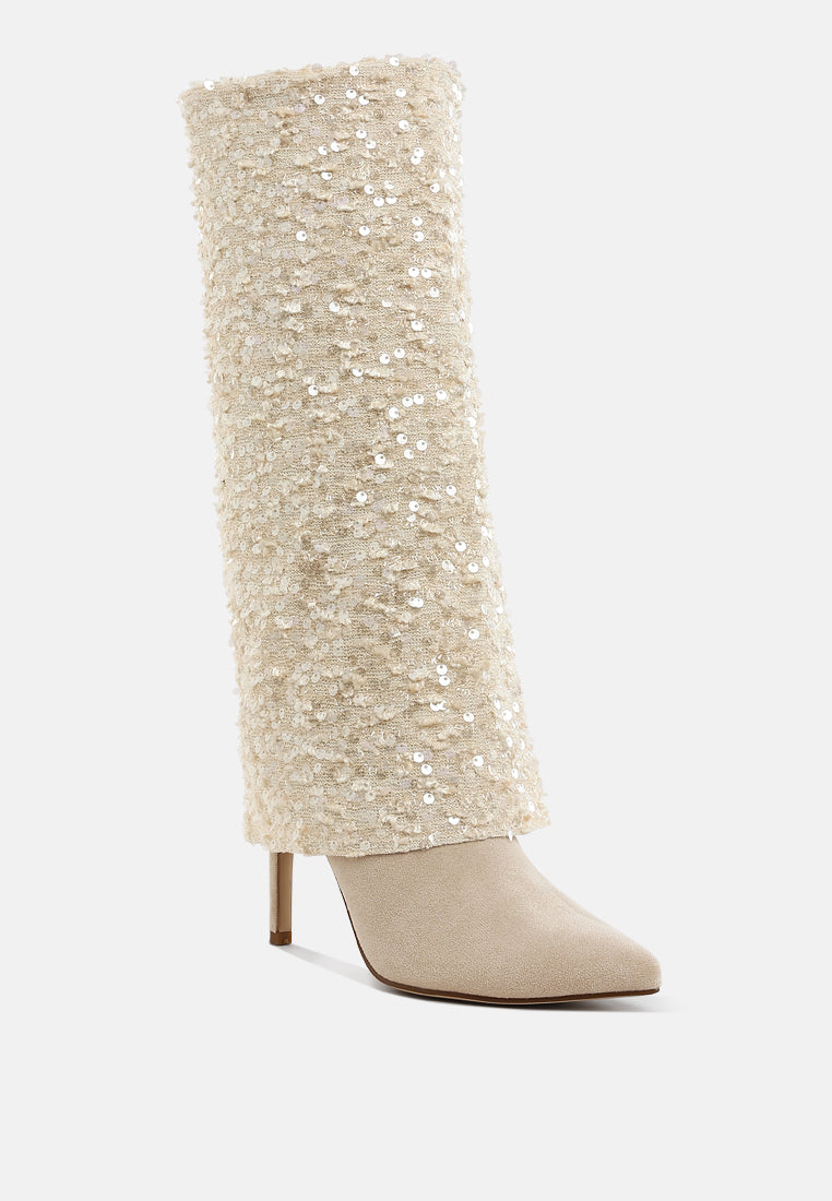 women sequinned fold-over calf boots#color_beige
