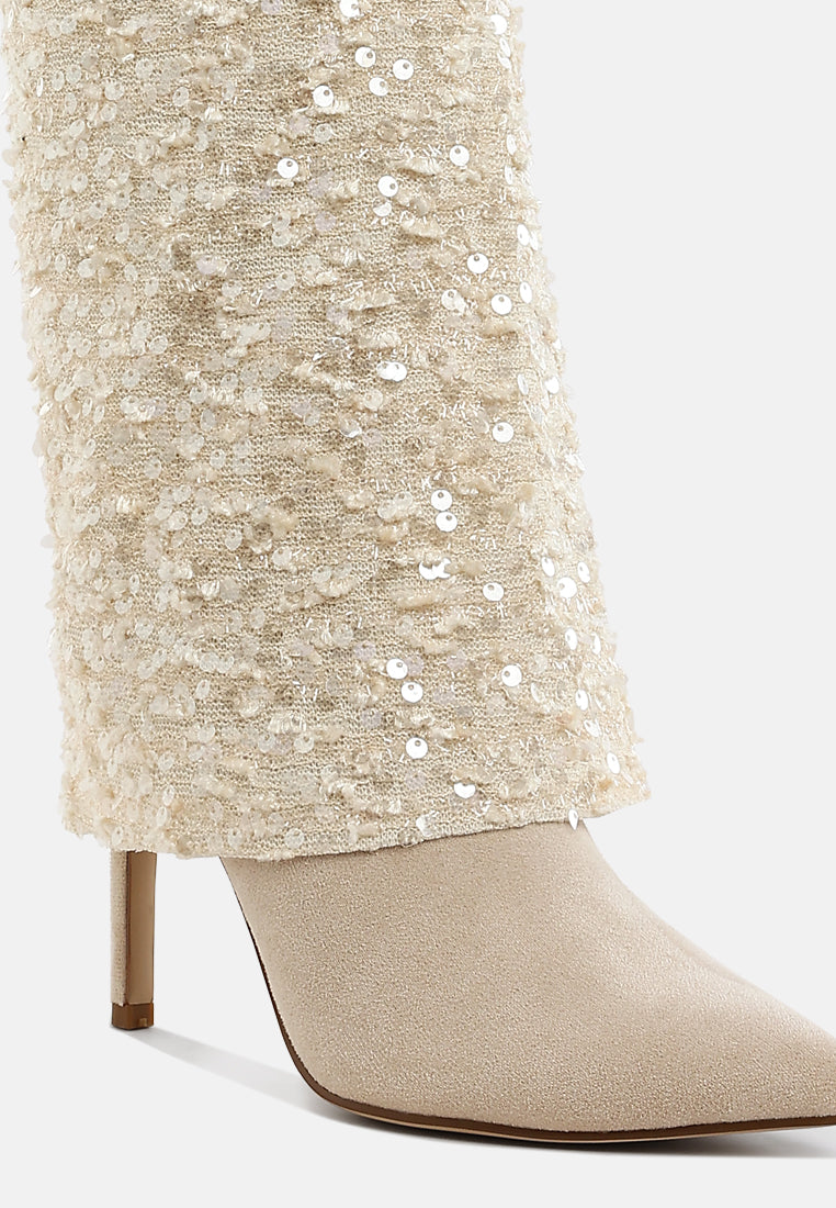 women sequinned fold-over calf boots#color_beige