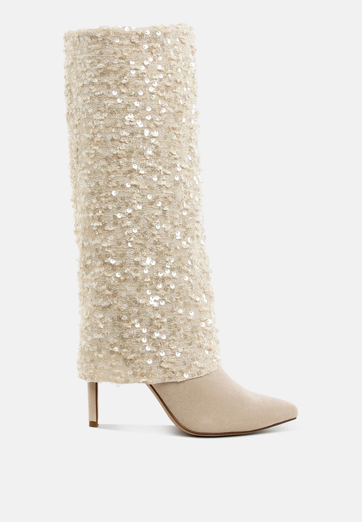 women sequinned fold-over calf boots#color_beige