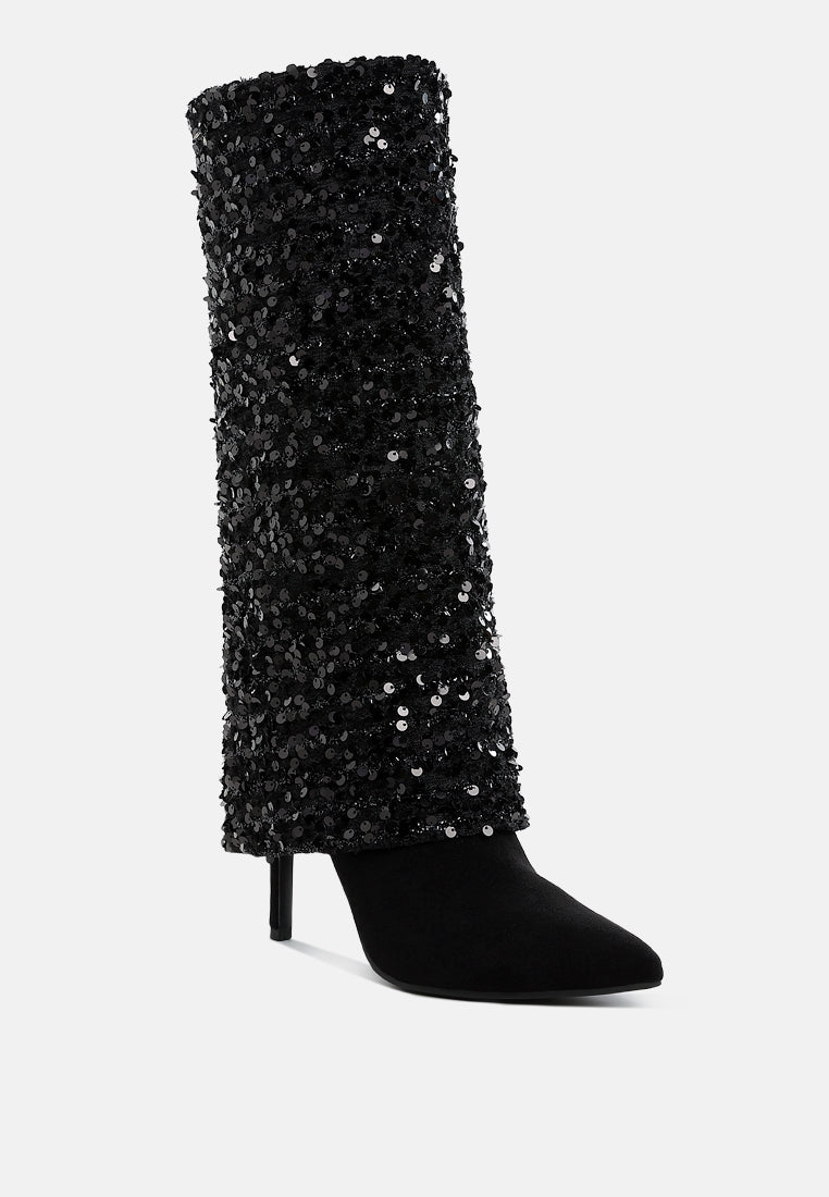 women sequinned fold-over calf boots#color_black