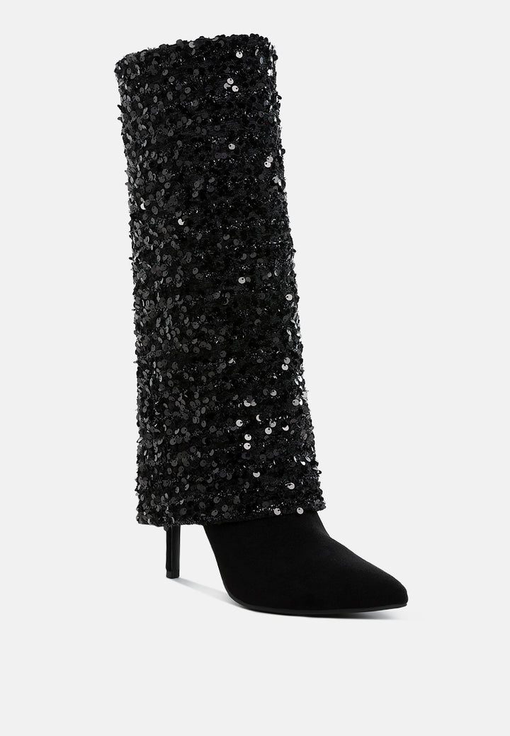 women sequinned fold-over calf boots#color_black