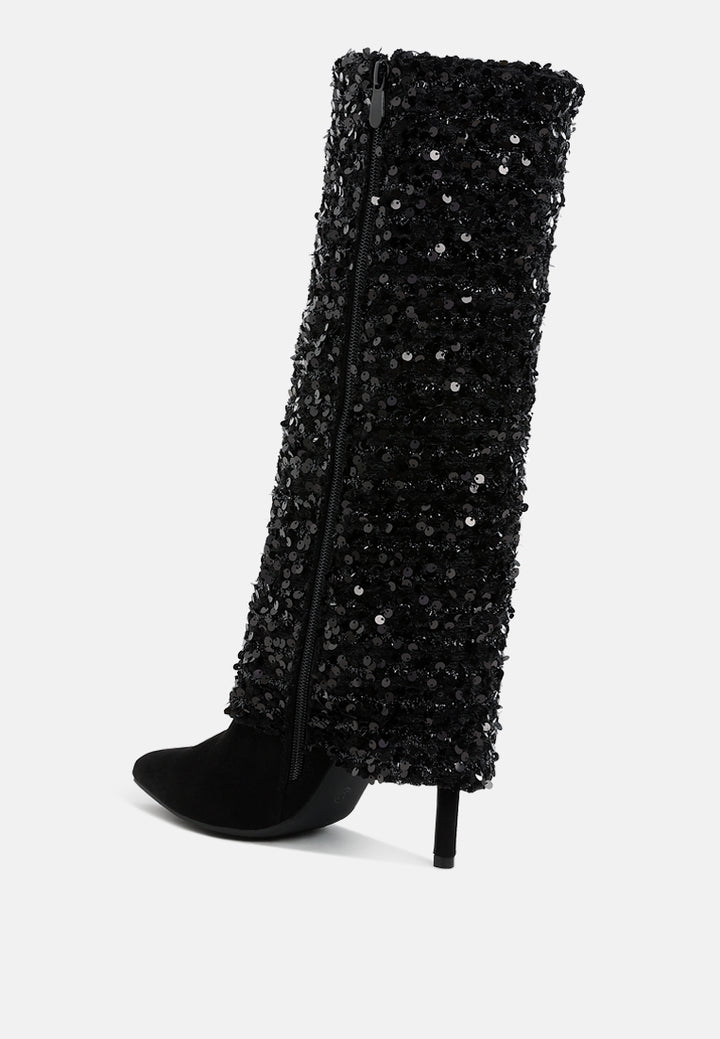 women sequinned fold-over calf boots#color_black